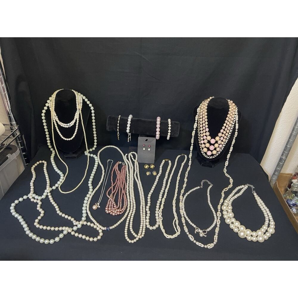 Vintage To Now Pearl Jewelry Lot Necklaces Earrings Bracelets 24 Items